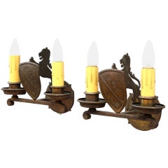 Pair Of Lion and Shield Motif Hand Forged Sconces