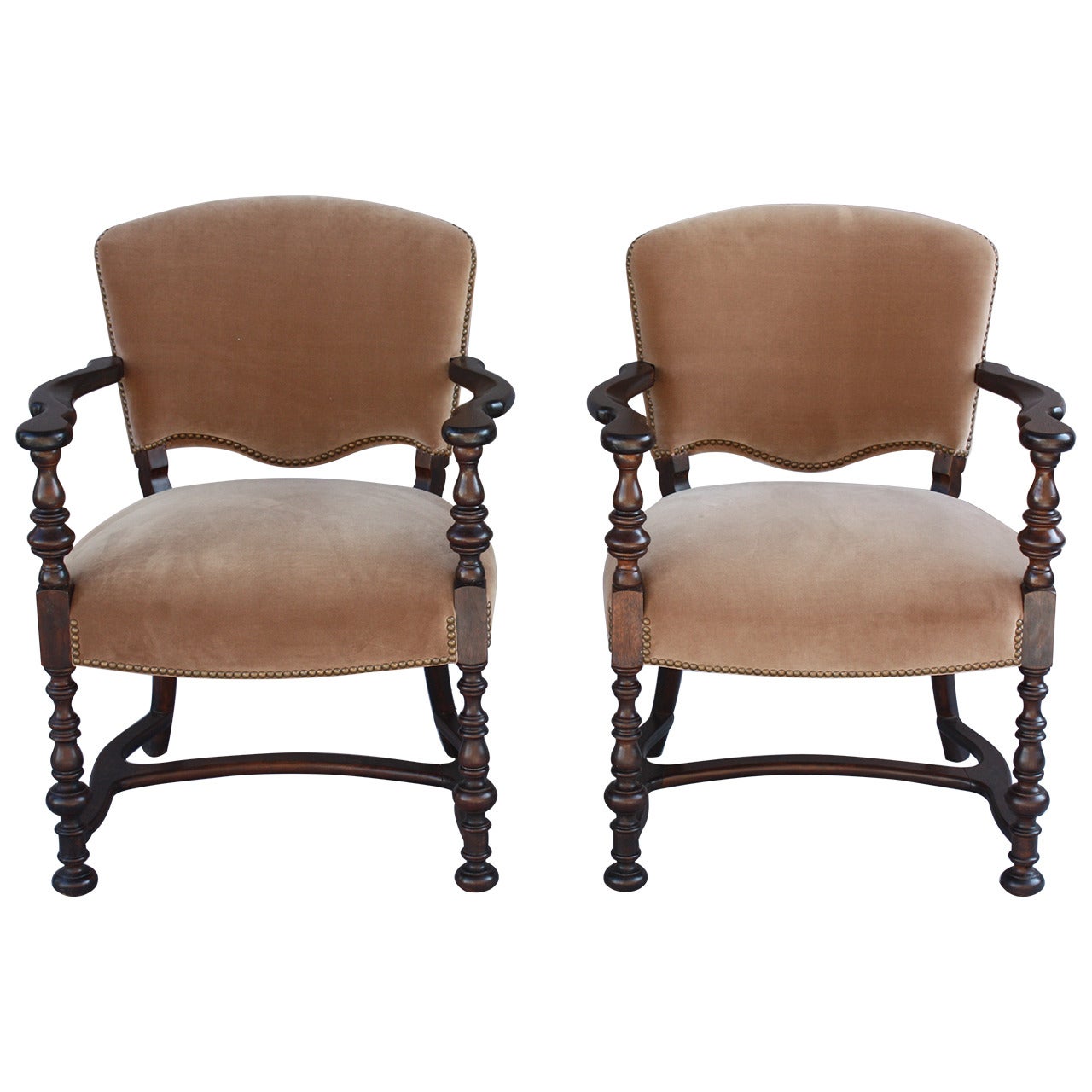 Pair of Beautiful 1920s Walnut Wood Armchairs