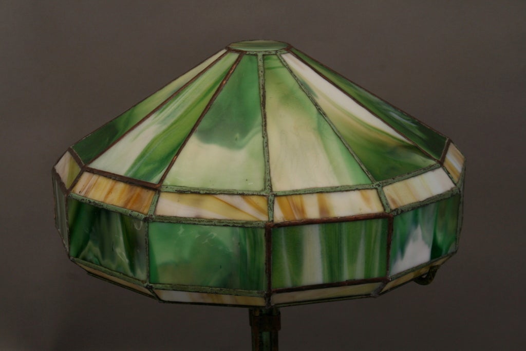 American Bradley & Hubbard Table Lamp w/ Leaded Art Glass Shade