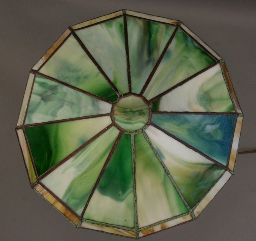 Bronze Bradley & Hubbard Table Lamp w/ Leaded Art Glass Shade