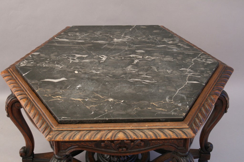 Marble Hexagonal Carved Walnut Table at 1stDibs