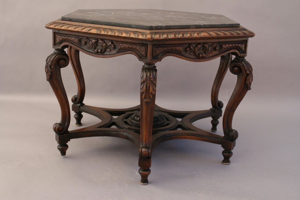 Marble Hexagonal Carved Walnut Table at 1stDibs