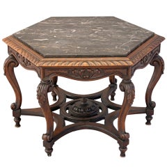 Antique Marble Hexagonal Carved Walnut Table