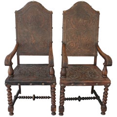Antique Pair Elaborately Tooled Leather Armchairs