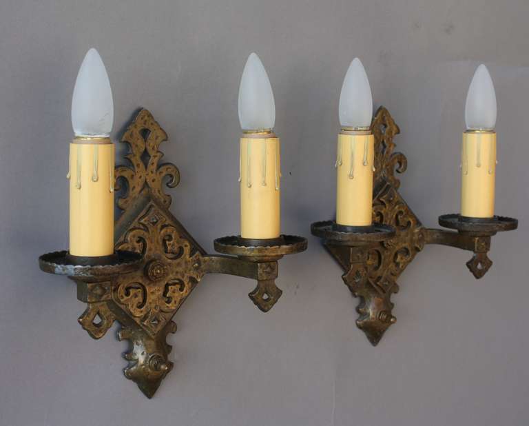 1930s Pair of Double Sconces In Excellent Condition In Pasadena, CA