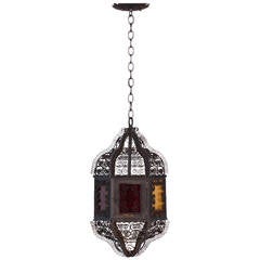 Antique 1920s Pendant with Metal Scrolls and Slag Glass