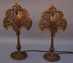 Pair of Moorish Influenced Brass Filigree Boudoir Lamps