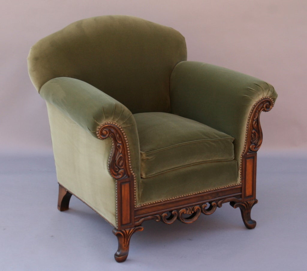 Circa 1920's re-upholstered velvet chair with Belgian green velvet.