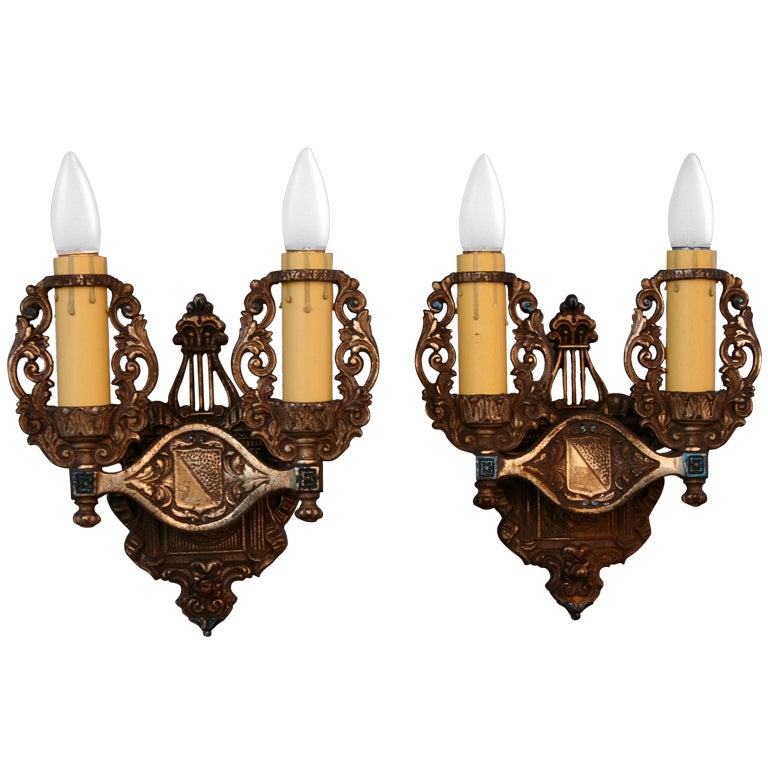 Pair Of Double Crested Sconces For Sale