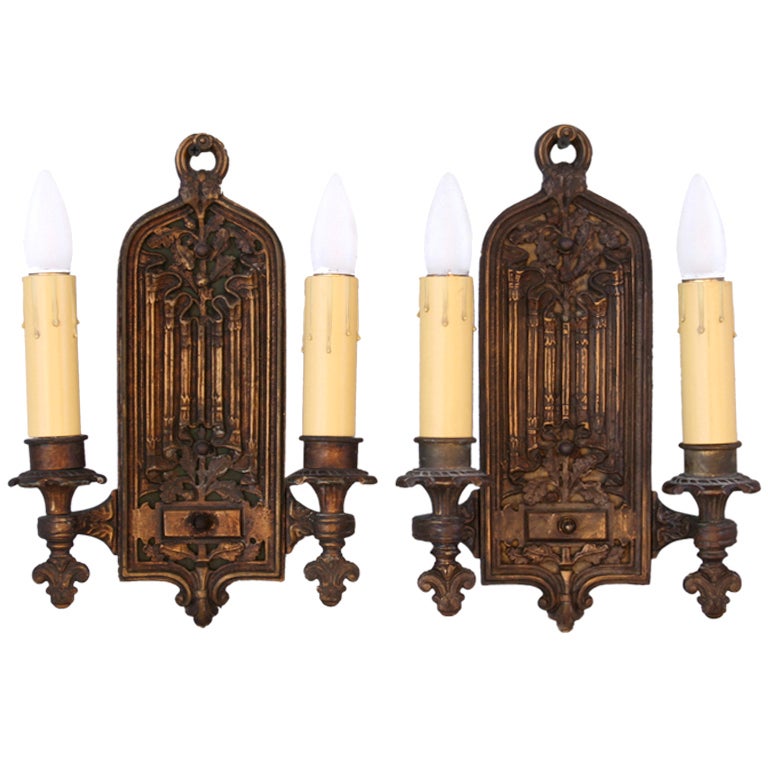 Antique Tudor Style Double Sconces