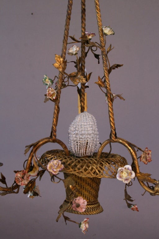 French Woven Brass Floral Basket Chandelier