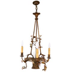 French Woven Brass Floral Basket Chandelier