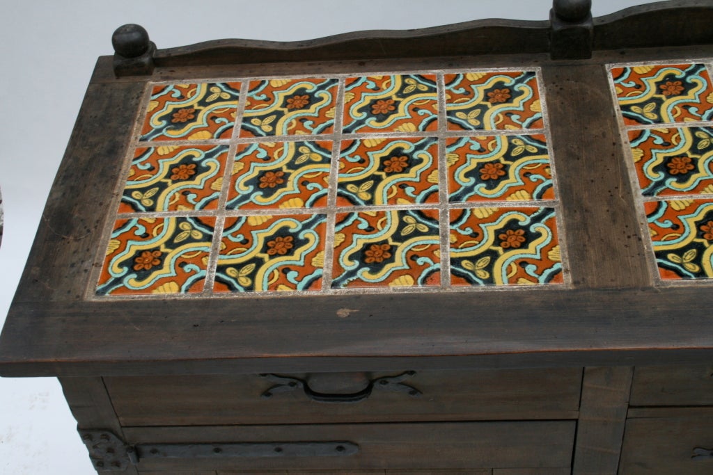 Early and exceptional rare signed Monterey sideboard with tiled top and incredible hand-forged iron hardware; original 