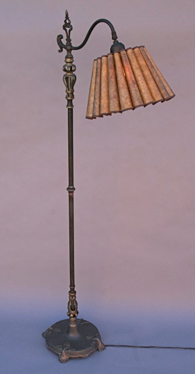 Wonderful Bridge lamp c. 1920's with original mica lamp shade sculpted into a repeating fluted pattern