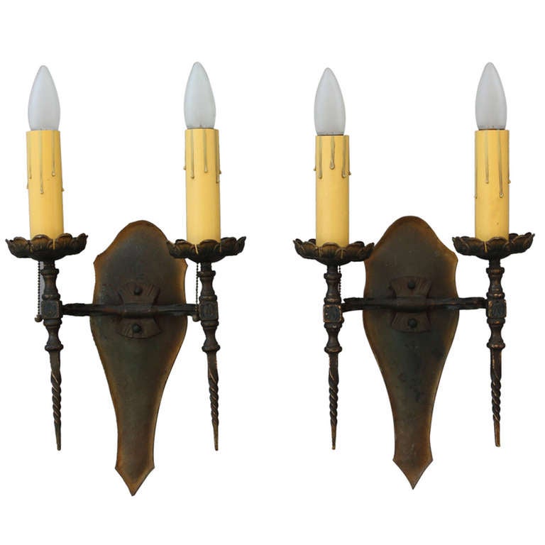 1920s Larger Scale Pair of Spanish Revival Sconces