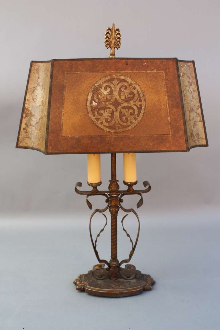 Circa 1920's tall table Lamp with original mica shade and beautiful original finish. Great proportions. 28