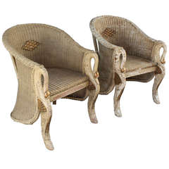 Circa 1910 Rare Pair of Swan Motif Wicker Chairs