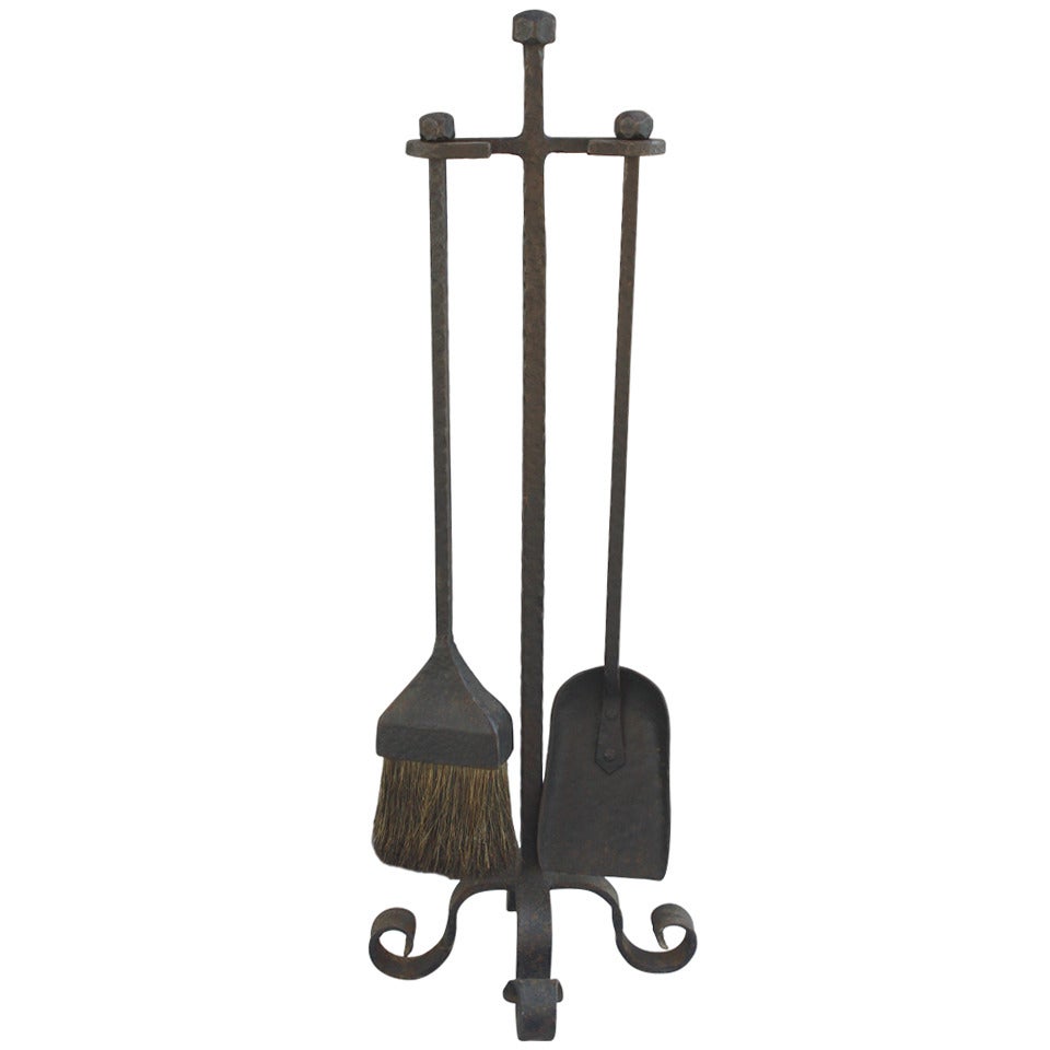 1920s Wrought Iron Hammered Fire Tool Set