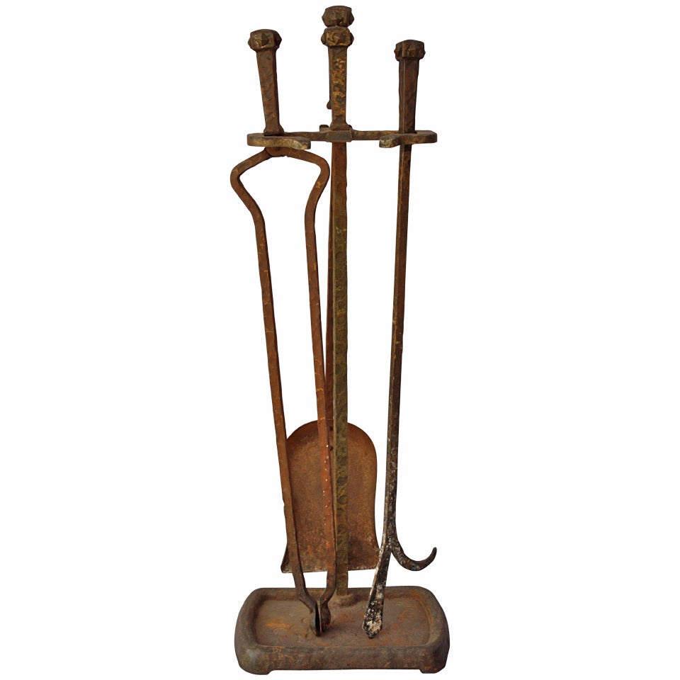 1920s Wrought Iron Hammered Fire Tool Set