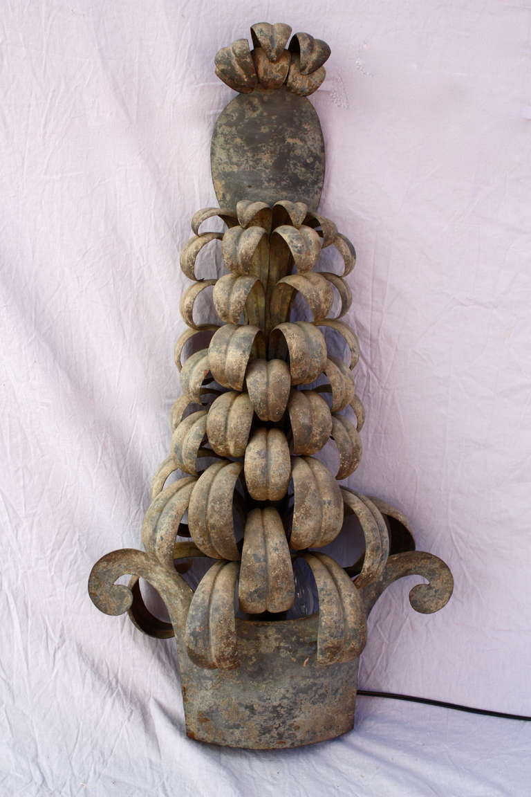 Spanish Colonial 1920s Large Tin Pineapple Wall Lamp