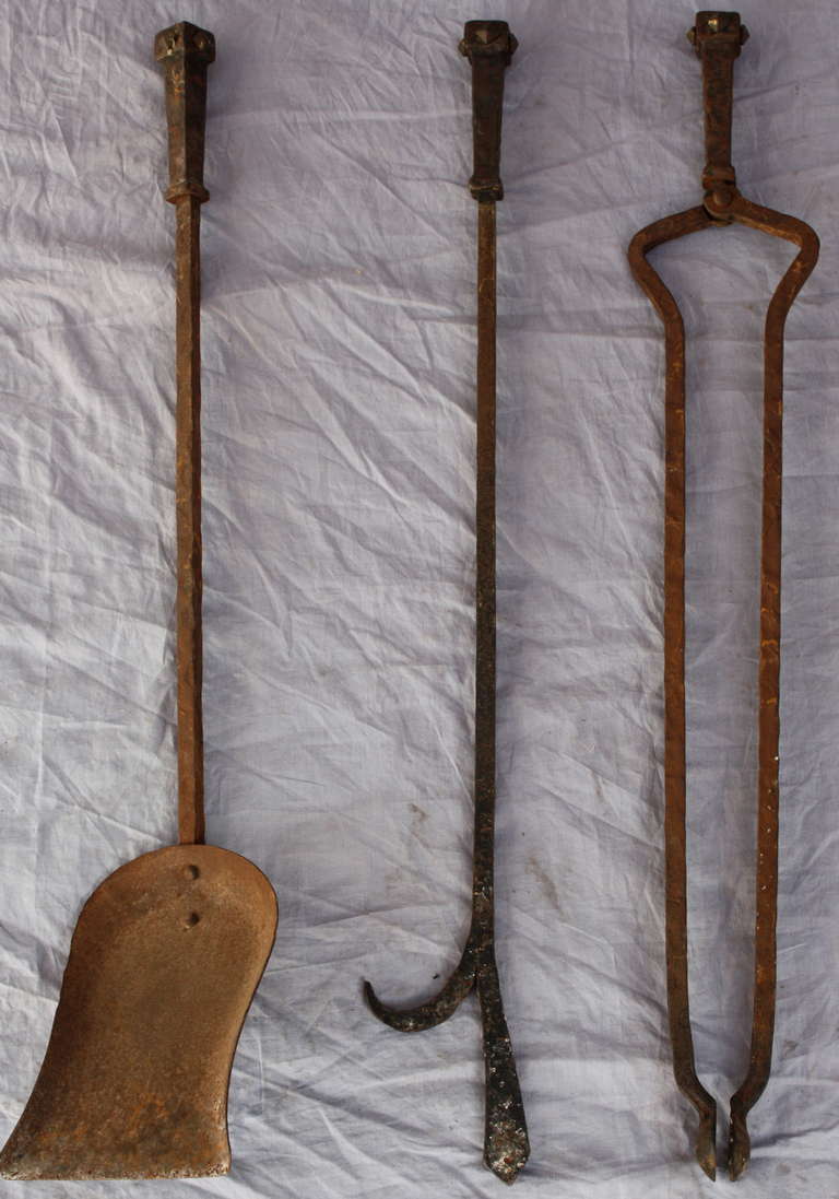 American 1920s Wrought Iron Hammered Fire Tool Set