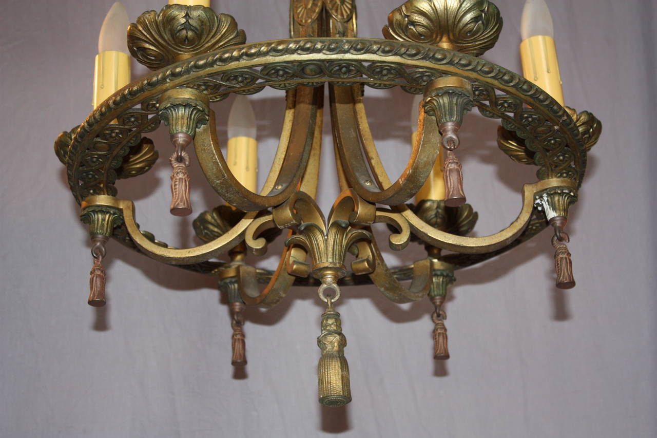 Spanish Colonial Six-Light 1920s Brass Chandelier