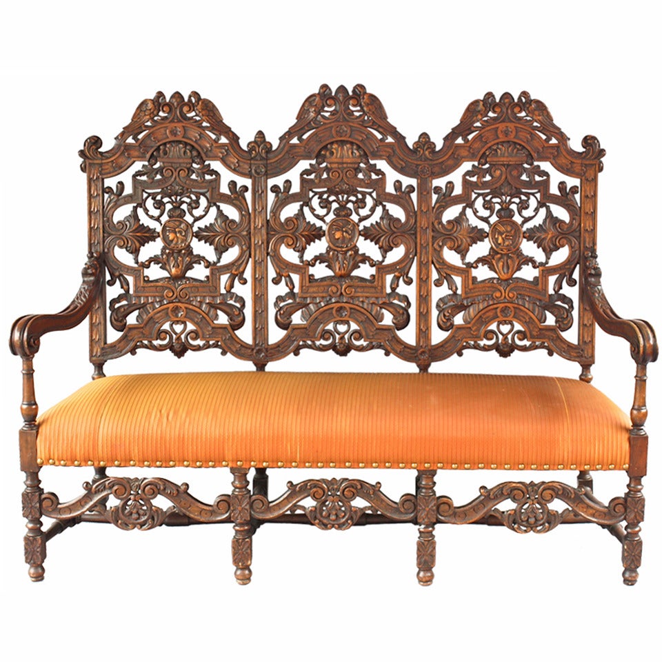 1920s Carved Bench with Bird Motif
