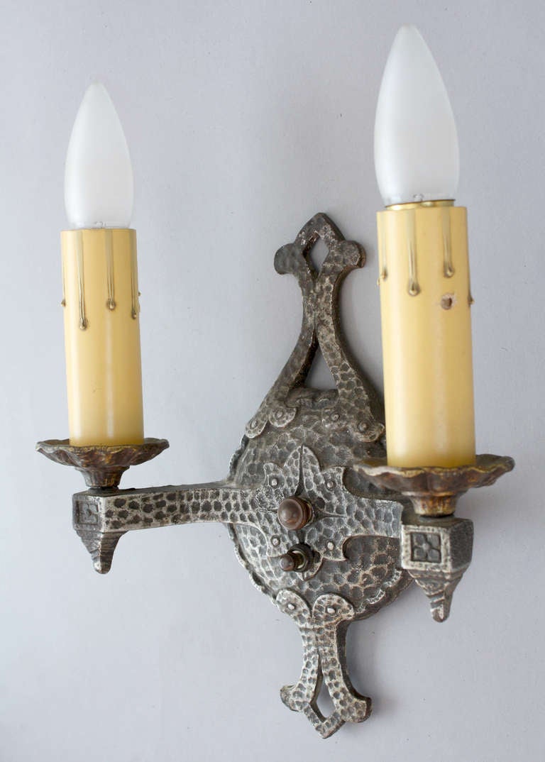 Tudor Style 1920s Hammered Double Sconce In Good Condition In Pasadena, CA