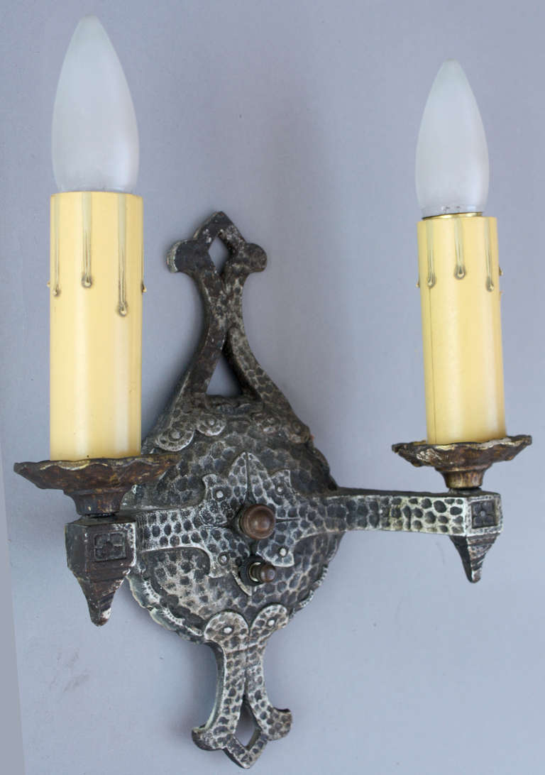 American Tudor Style 1920s Hammered Double Sconce