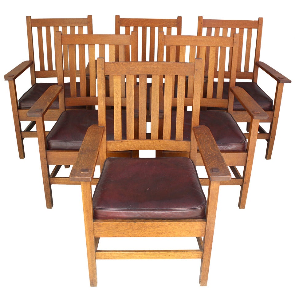 Circa 1910 Set of Six Stickley Arts & Crafts Armchairs