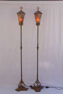 Antique 1920s Pair Of Tall Bronze And Iron Torchieres