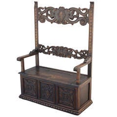 Carved Settee/Hall Bench with Trunk Storage in Seat