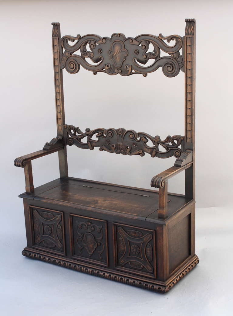 Carved Settee/Hall Bench with Trunk Storage in Seat