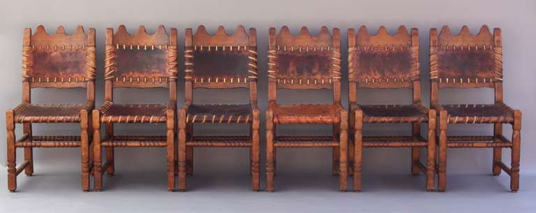 Set of 6 Monterey chairs. Embossed leather with donkey motif. Some repair on top crowns of the wood frame.  Minor loss on lacing.  35” H x 18” W x 21 .75” d Seat is 17” H
