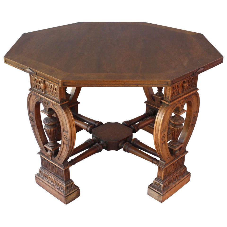 1920s Octagonal Spanish Revival Carved Walnut Table