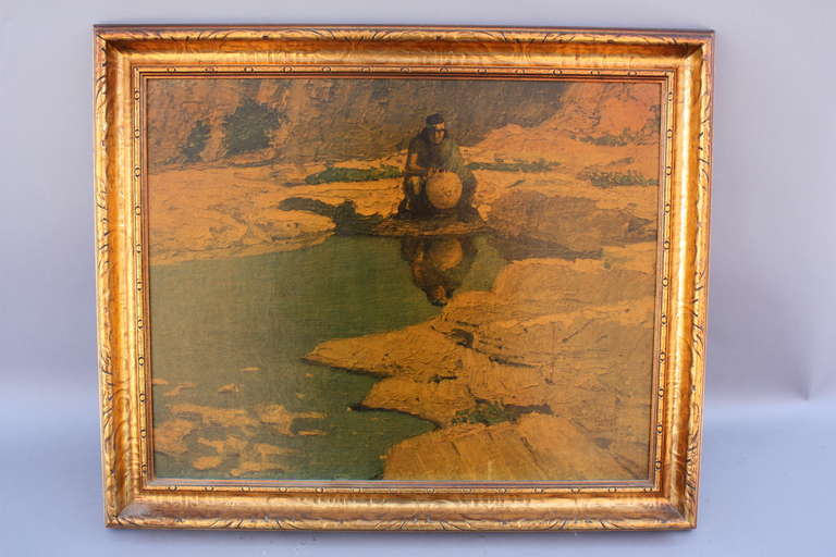 Wonderful rich print by Robert Wesley Amick. Wonderful original gilded frame with tag from Fried's art and gift shop in Denver. 24