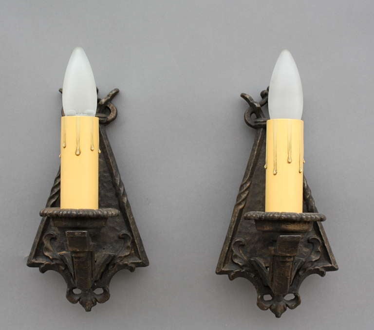 Pair 1920's Cast Single-Light Sconces In Excellent Condition In Pasadena, CA