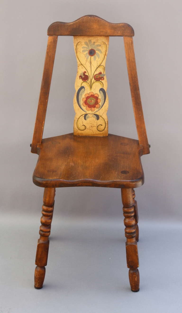A beautiful example of the highly collectable Monterey furniture made by the George Mason Mfg. Co c. 1920's- '30's. The early Californian rancho spirit of design is reflected in the turned legs, hand-painted floral back, and original 