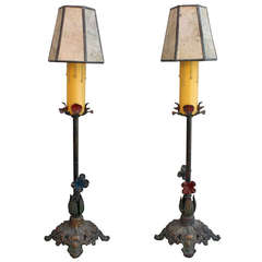 Antique Pair of Polychrome Table Lamps