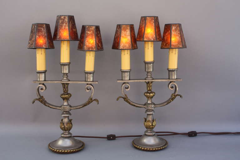 Priced for the pair. Circa 1920's. Hard to find pair of two toned lights pewter and brass color. 20.5