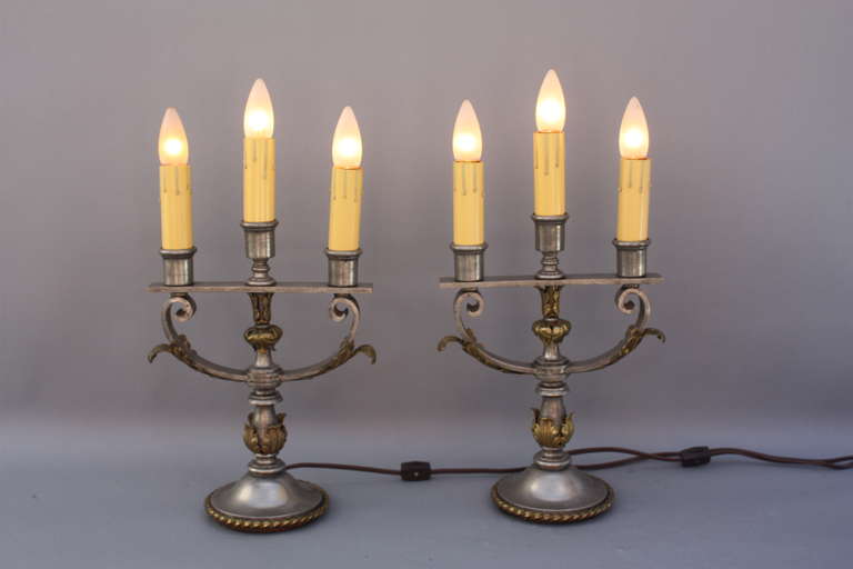 Spanish Colonial 1920s Pair of Three Light Table Lamps