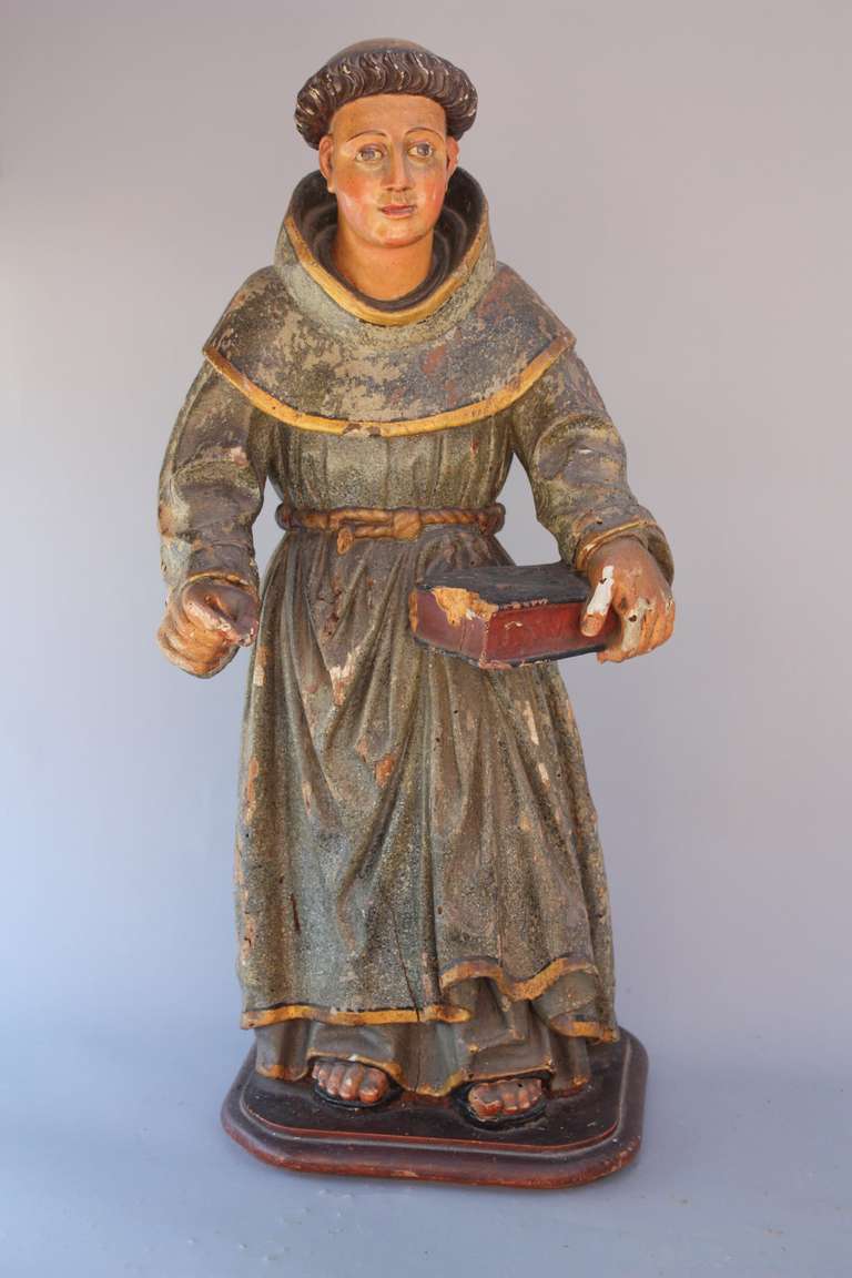 Late 1800s. Beautiful Santo of a monk. Some paint loss and old termite damage. Could be Spanish or French. 28.25