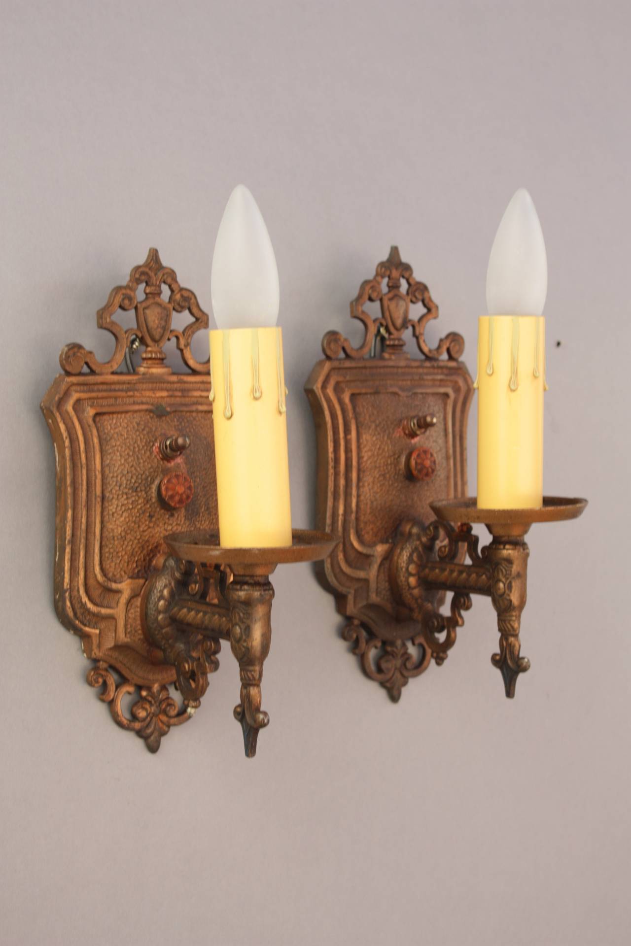 Circa 1920s sconces. Original polychrome finish. 10.25