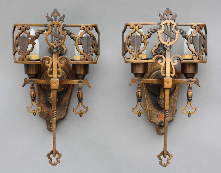 Pair Long 1920's Polychrome Sconces