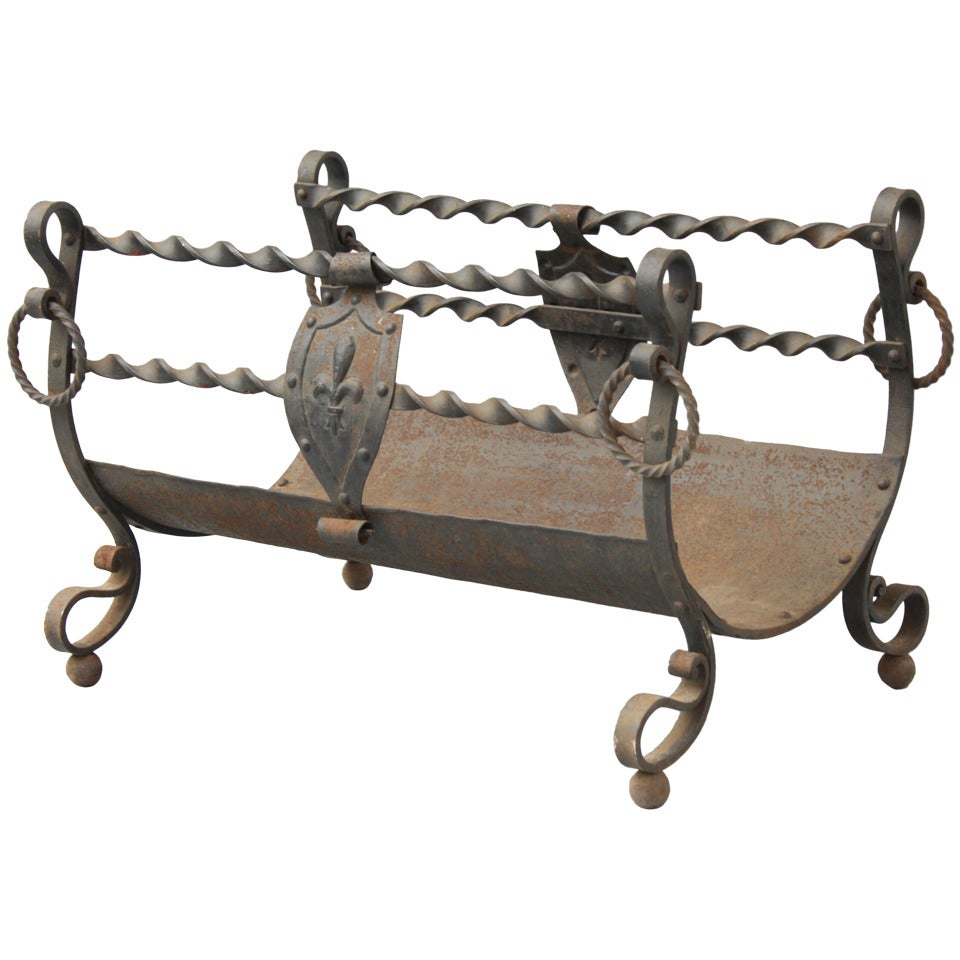 1920s Wrought Iron Spanish, Revival, Wood Fireplace Log Holder