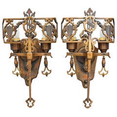 Pair Long 1920's Polychrome Sconces