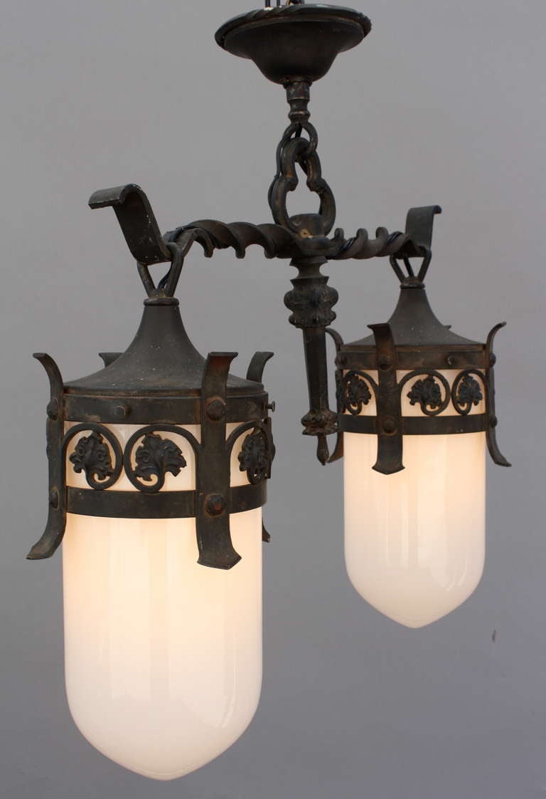 Spanish Colonial Fantastic Antique Two-light Fixture with Iron and Milk Glass Pendants