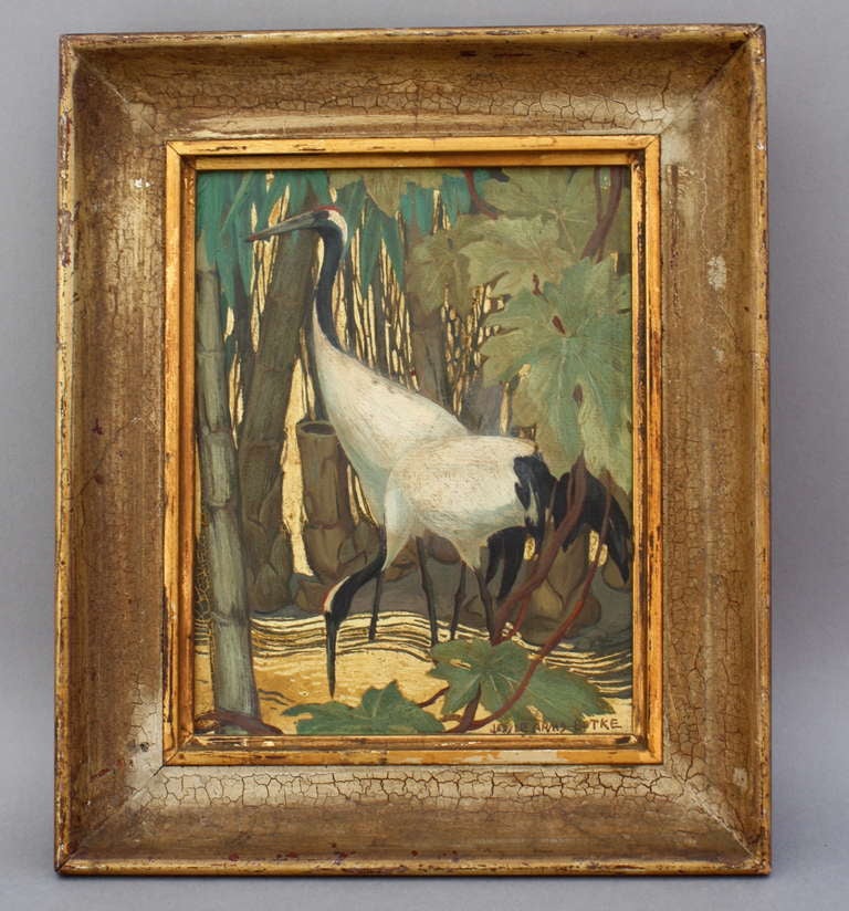 Beautiful and rare depiction of cranes in bamboo forest. Oil and gold leaf on board. There is a pencil inscription on the back 