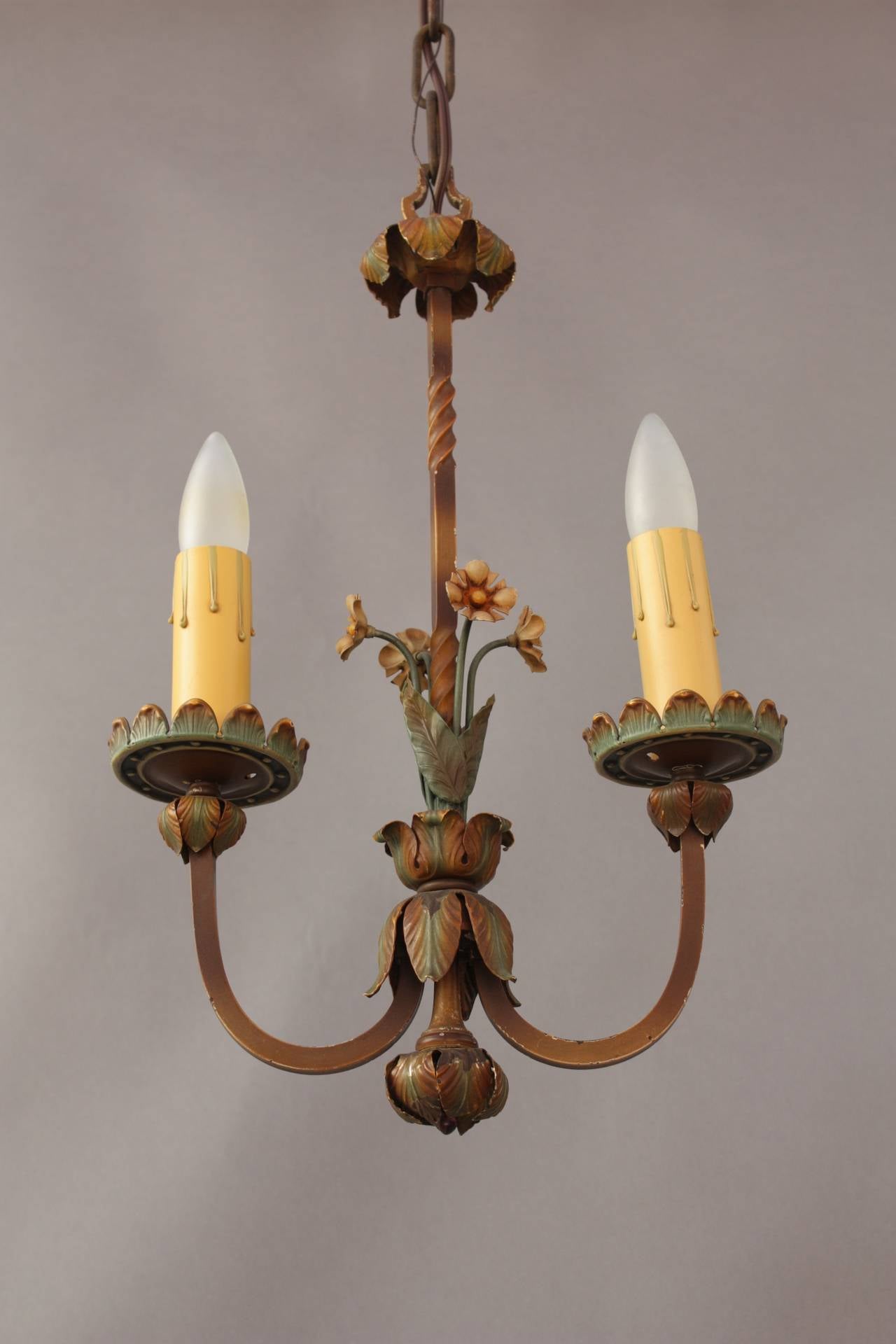 Sweet, small-scale chandelier with original polychrome finish.  Measures 11 1/2