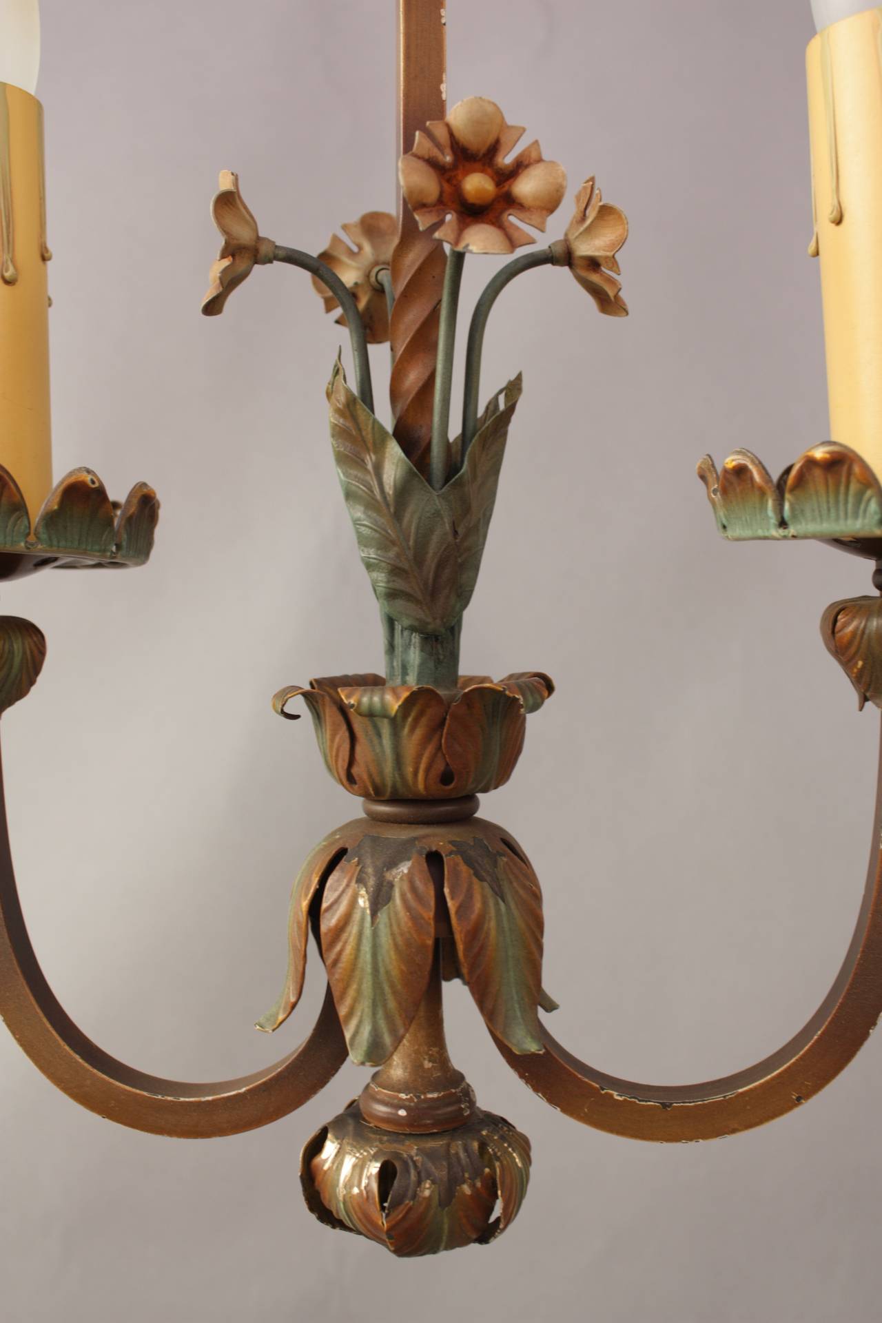 1920s Small Two-Light Chandelier with Flowers In Good Condition For Sale In Pasadena, CA